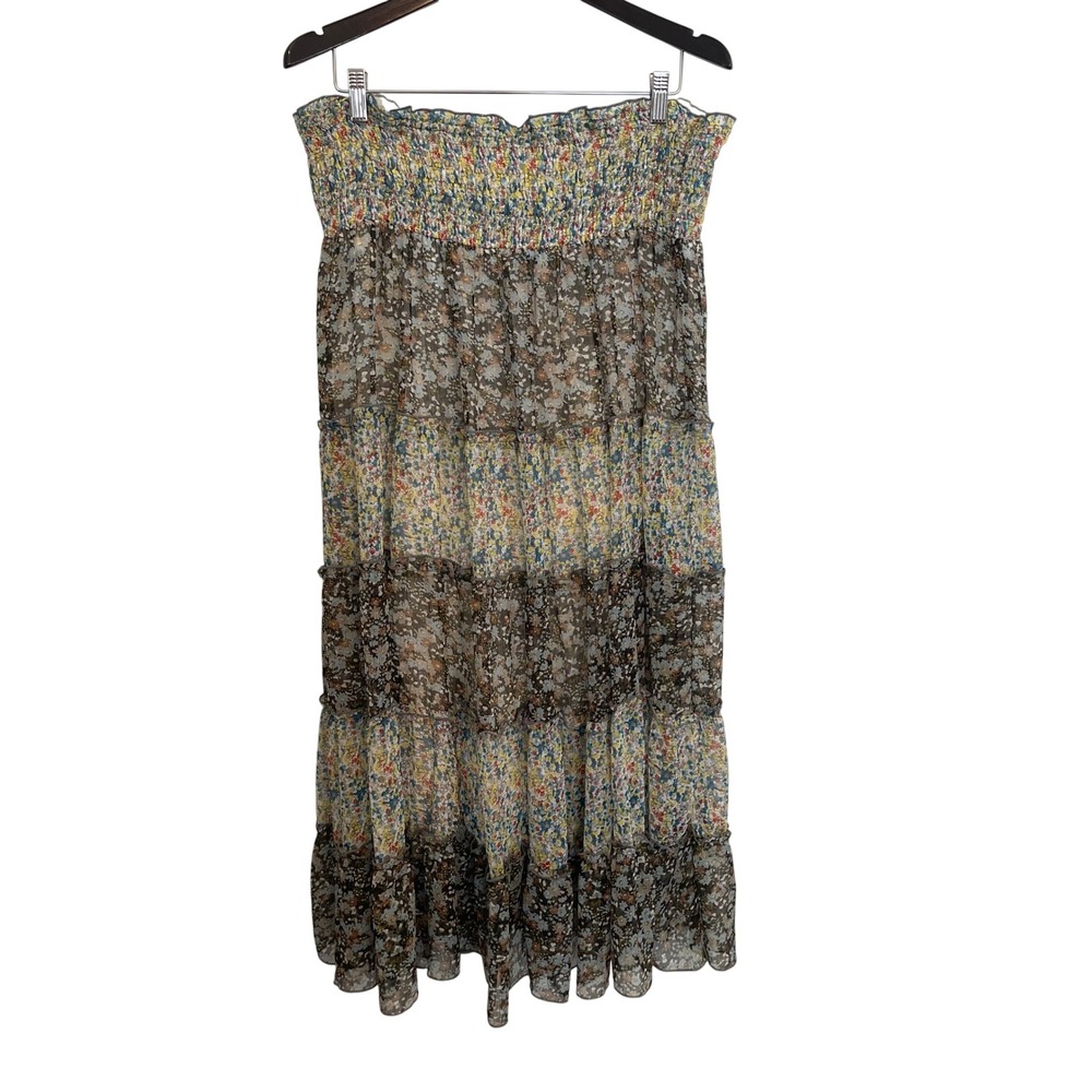 Chaudry KC Floral Tiered Maxi Skirt Smocked Waist Boho Gauze Multi Color L 1454